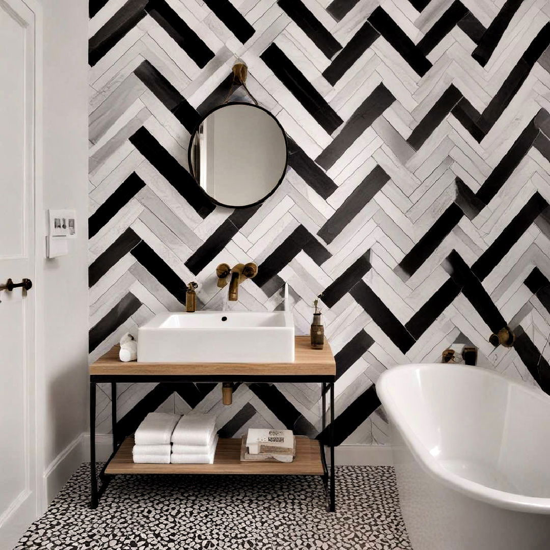 black and white herringbone pattern - 40 Black and White Bathroom Ideas