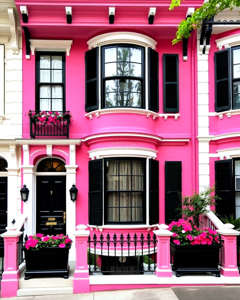 black and white highlights for hot pink victorian home - 25 Pink Victorian House Ideas