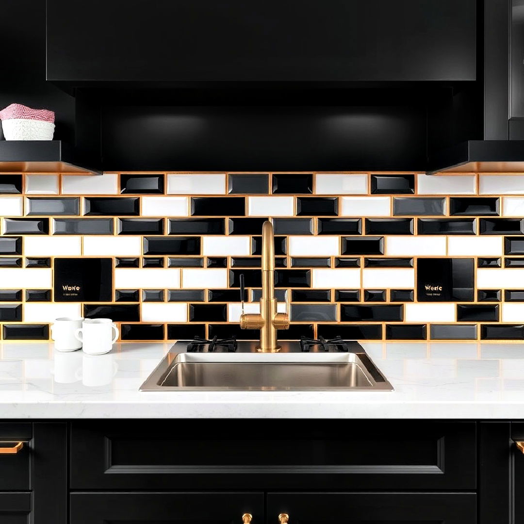 black and white kitchen backsplash with gold grout - 25 Black White and Gold Kitchen Ideas