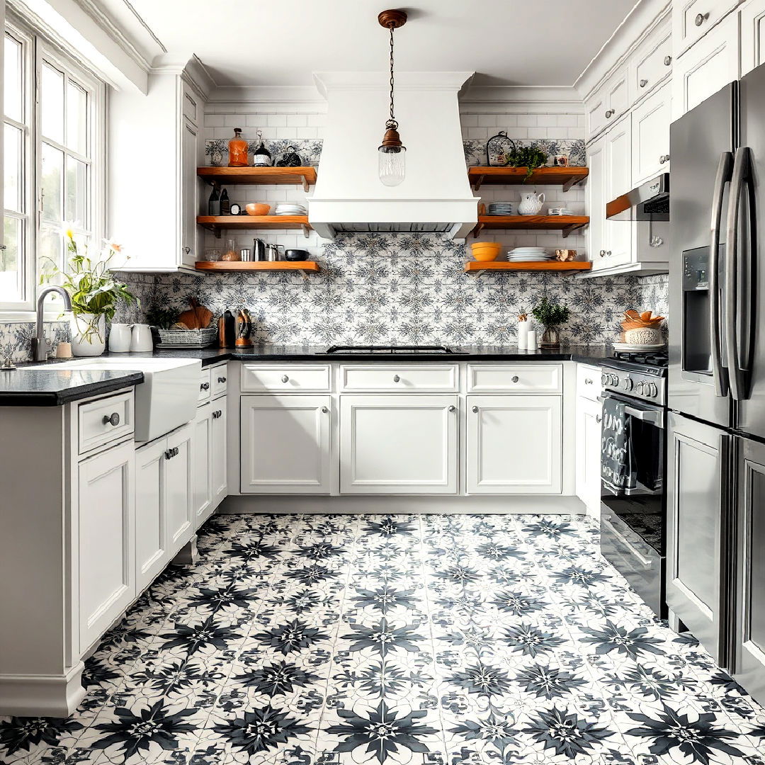 black and white kitchen with mosaic tile floor - 40 Black and White Kitchen Ideas