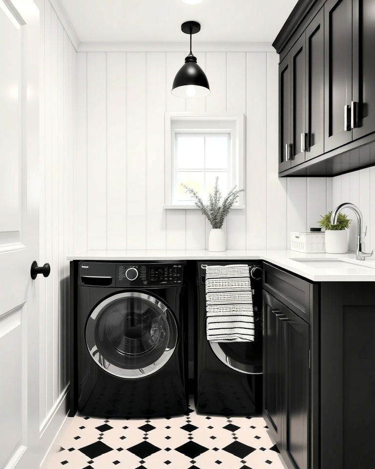 black and white laundry room with shiplap walls - 15 Black and White Laundry Room Ideas