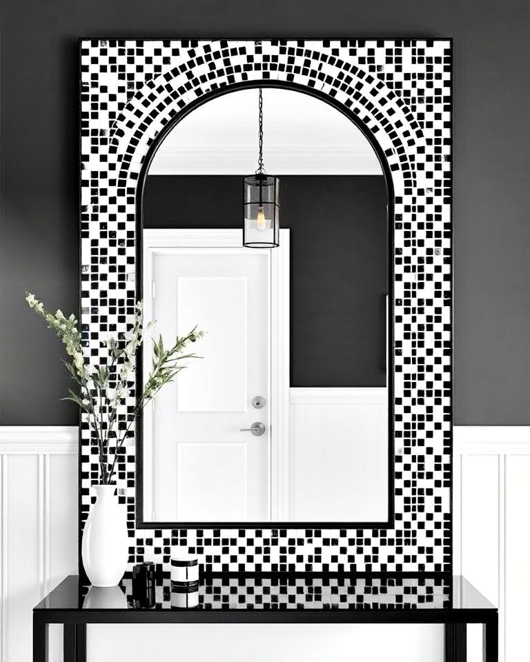 black and white mosaic mirror for sophisticated look - 20 Mosaic Mirror Ideas