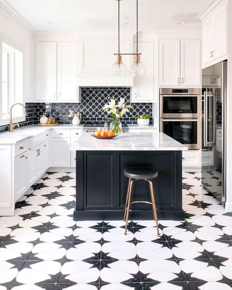 black and white patterned tiles - 20 White Kitchen Ideas With Black Island
