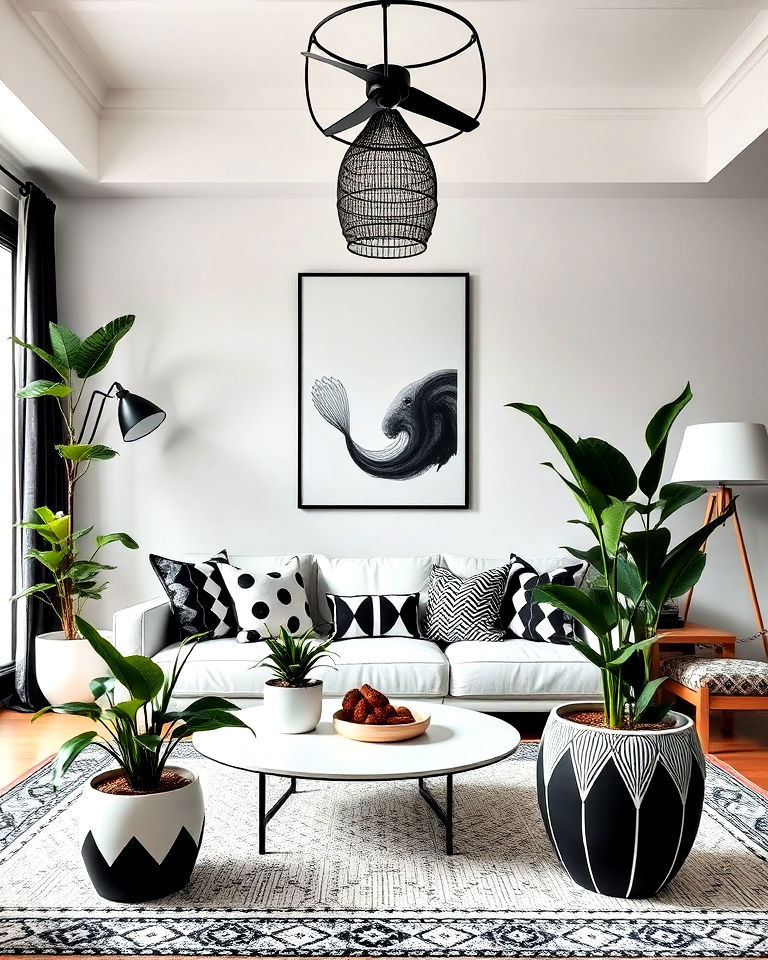 black and white pots for indoor plants - 20 Black and White Boho Living Room Ideas
