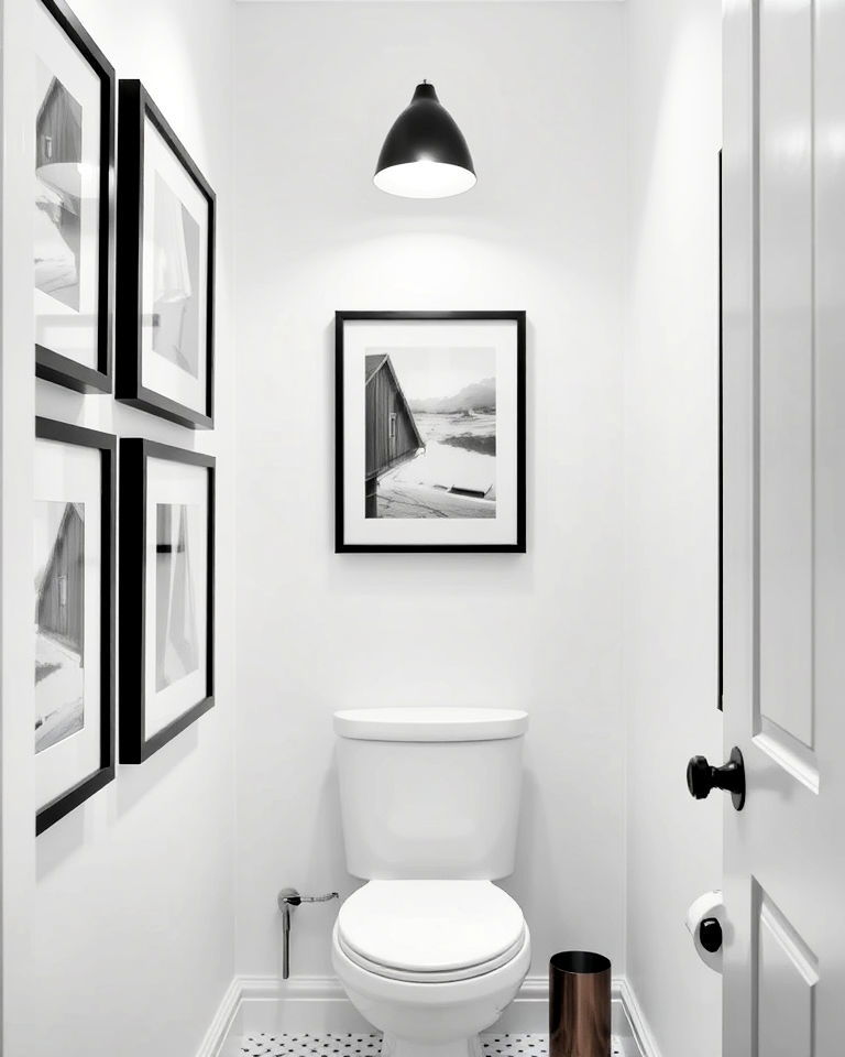 black and white powder room with picture frames - 20 Black and White Powder Room Ideas
