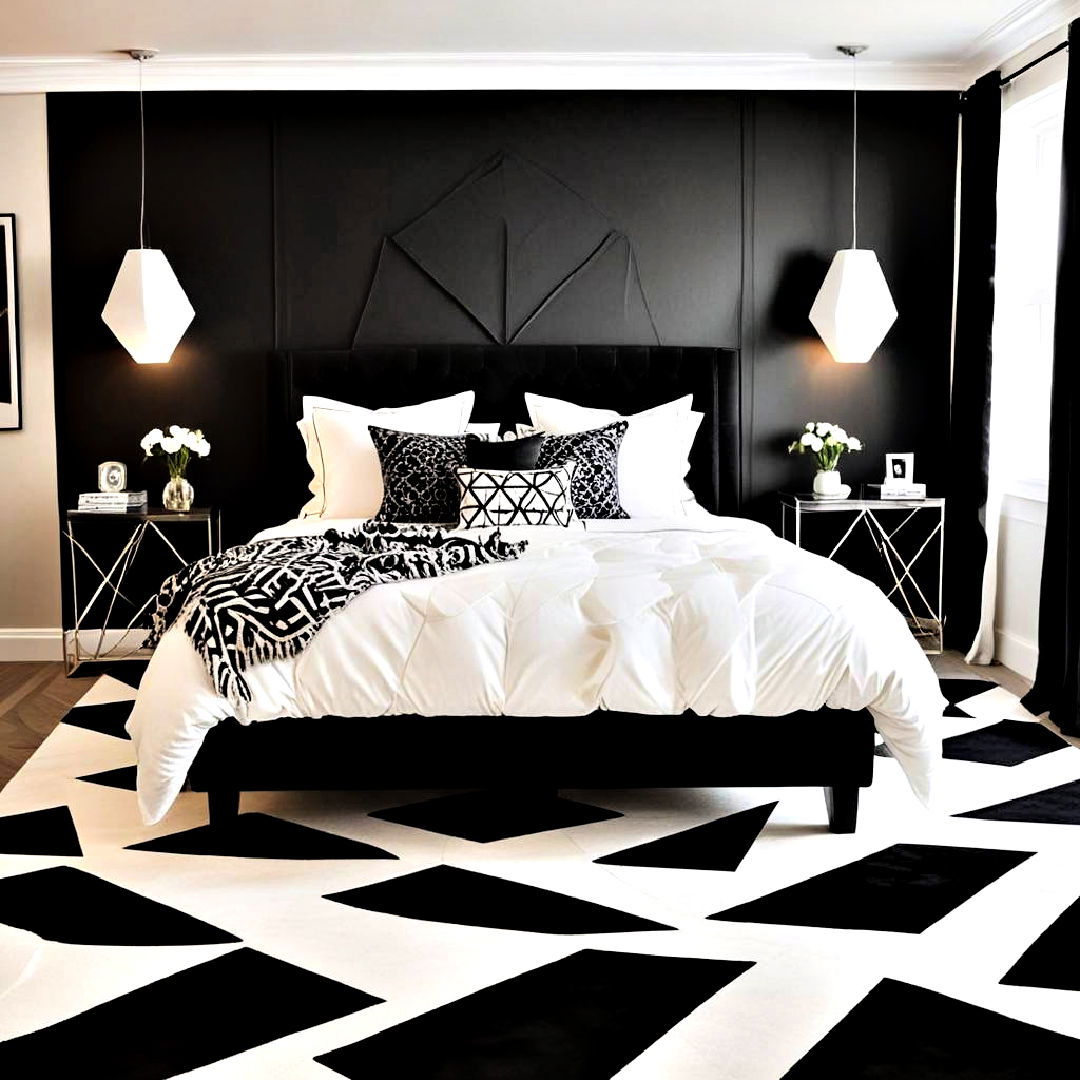 black and white rug with geometric shapes - 40 Black and White Bedroom Ideas