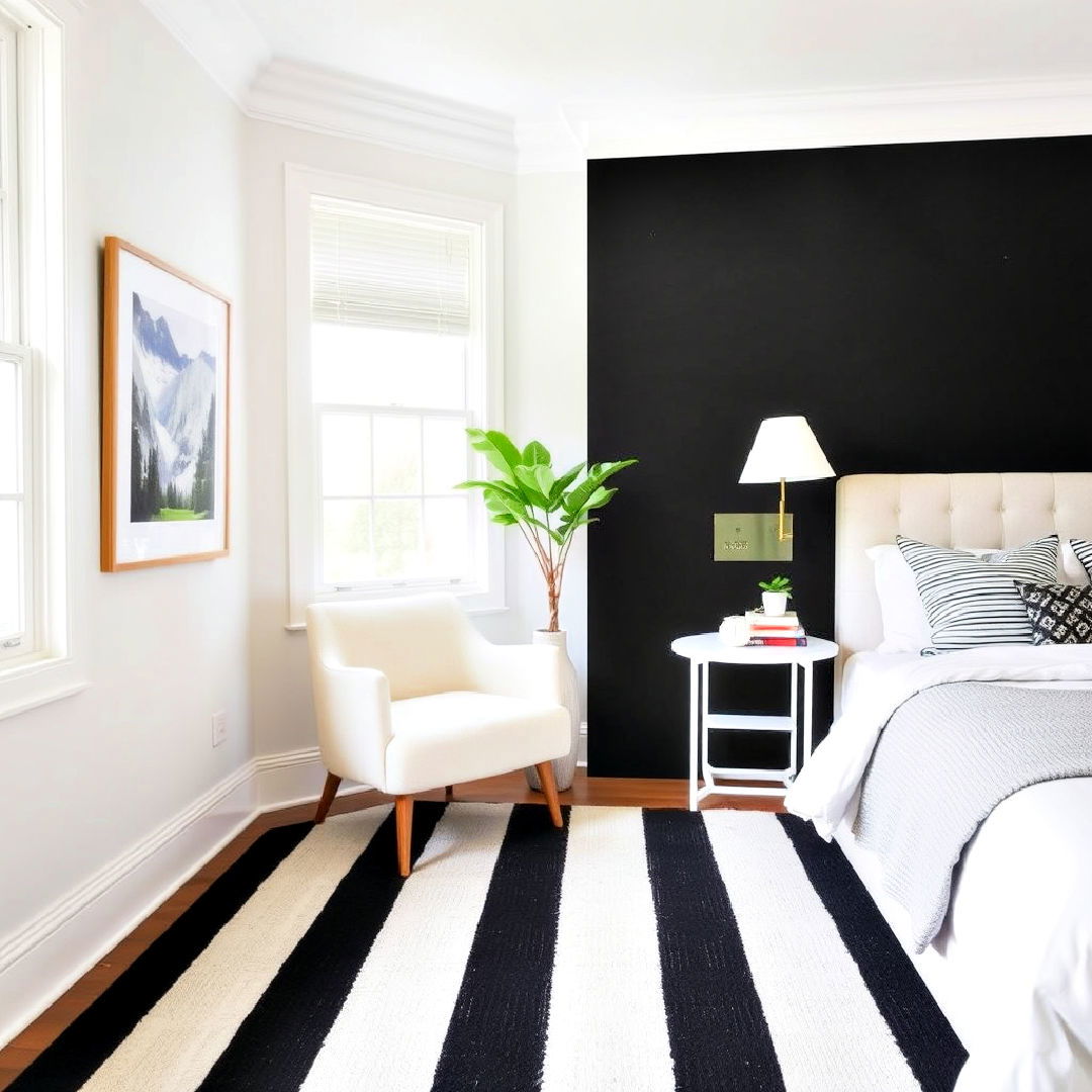 black and white striped rug - 40 Black and White Bedroom Ideas