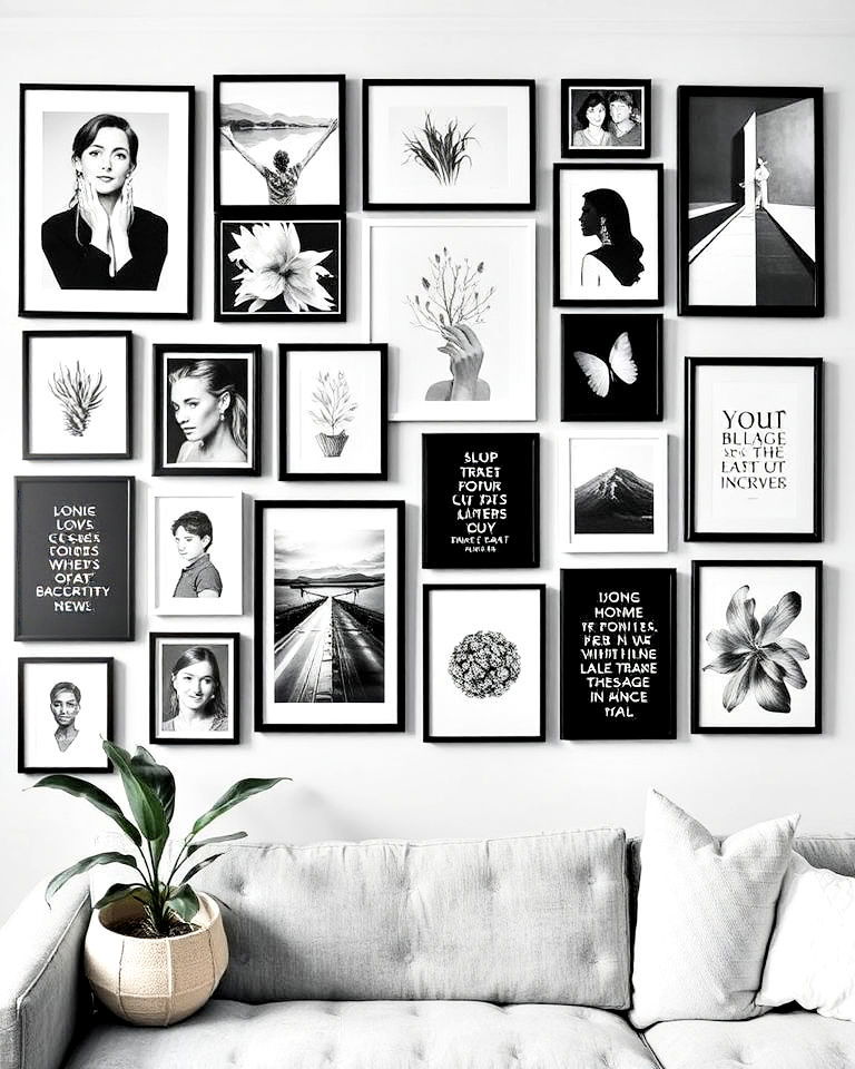 black and white theme eclectic gallery wall - 25 Eclectic Gallery Wall Ideas