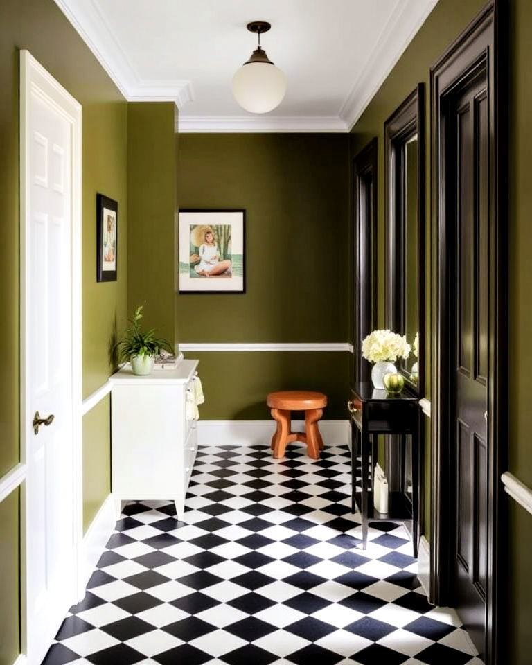 black and white tiles for olive green hallway - 20 Green Hallway Ideas