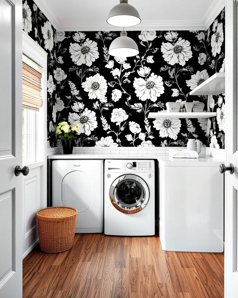 black and white wallpaper for laundry room - 15 Black and White Laundry Room Ideas