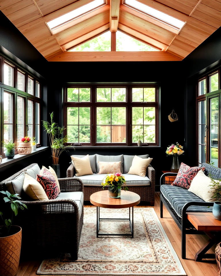 black and wood accents for sunroom - 20 Black Sunroom Ideas
