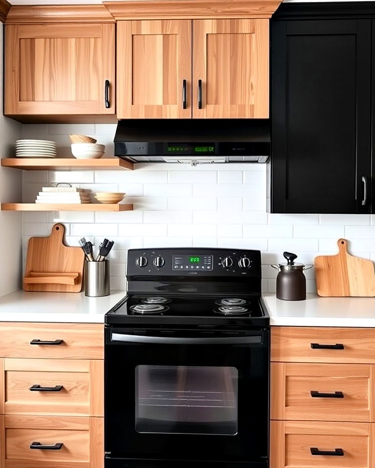 black and wood combo for small kitchen - 20 Small Kitchen with Black Appliances Ideas