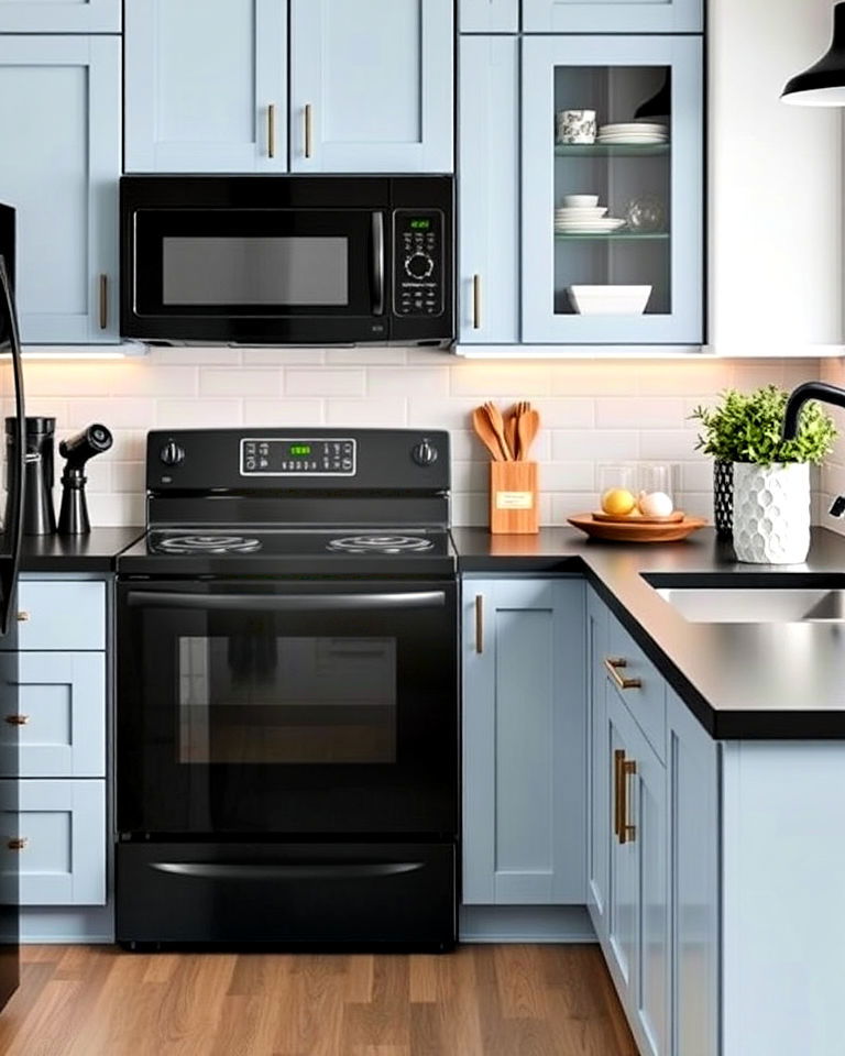 black appliances and matching black countertops - 20 Small Kitchen with Black Appliances Ideas