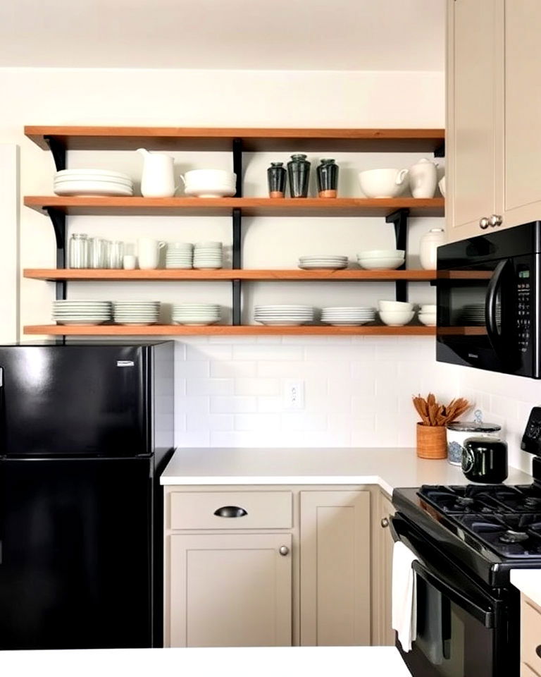 black appliances and open shelving for small kitchen - 20 Small Kitchen with Black Appliances Ideas