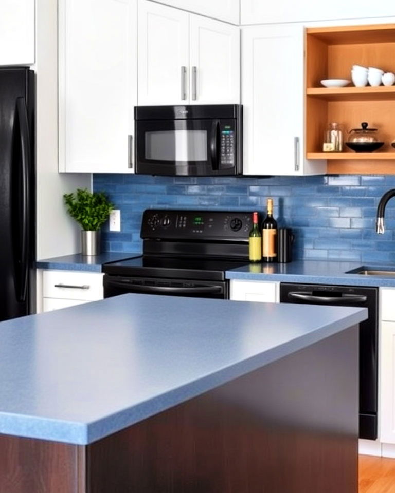 black appliances and steel blue countertops - 20 Kitchens With Blue Countertops