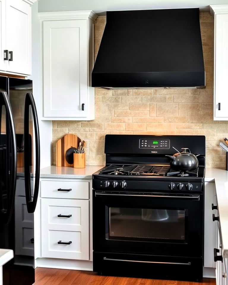 black appliances and stone backsplash in rustic white kitchen - 25 White Kitchen with Black Appliances Ideas