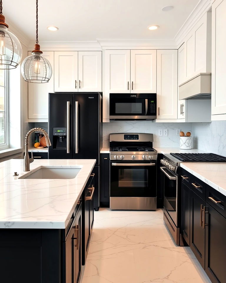 black appliances and white marble countertops - 25 White Kitchen with Black Appliances Ideas