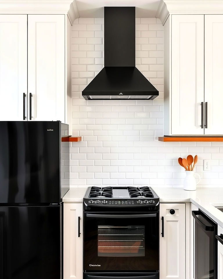 black appliances and white tile backsplash - 25 White Kitchen with Black Appliances Ideas