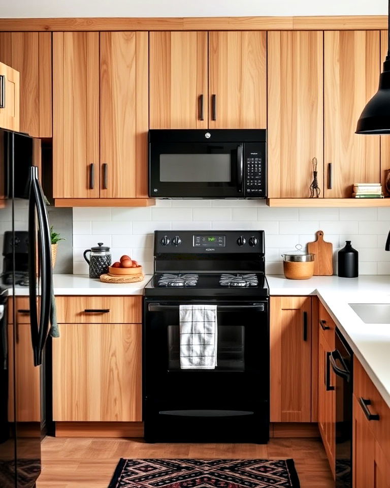 black appliances and wood elements for small kitchen - 20 Small Kitchen with Black Appliances Ideas