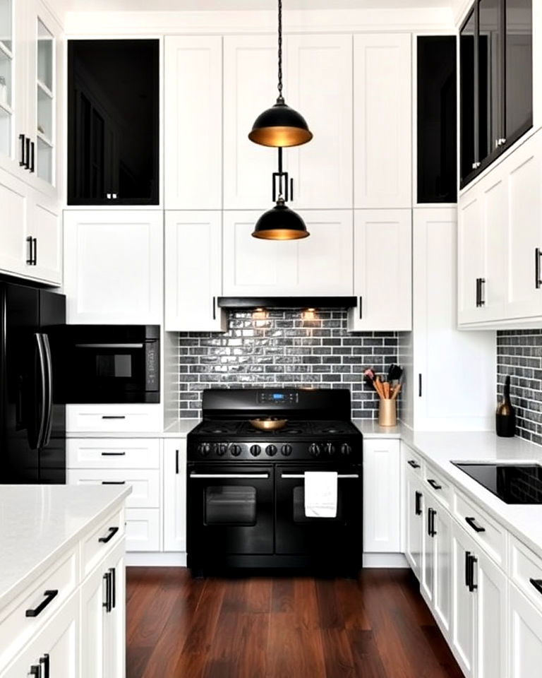black appliances for high ceiling white kitchen - 25 White Kitchen with Black Appliances Ideas