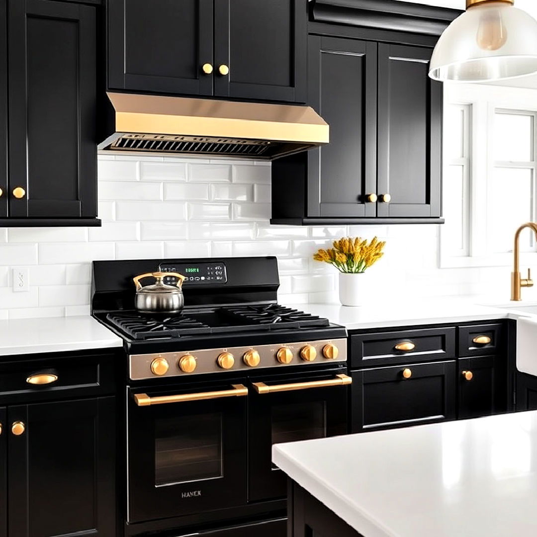 black appliances with gold accents for kitchen - 25 Black White and Gold Kitchen Ideas