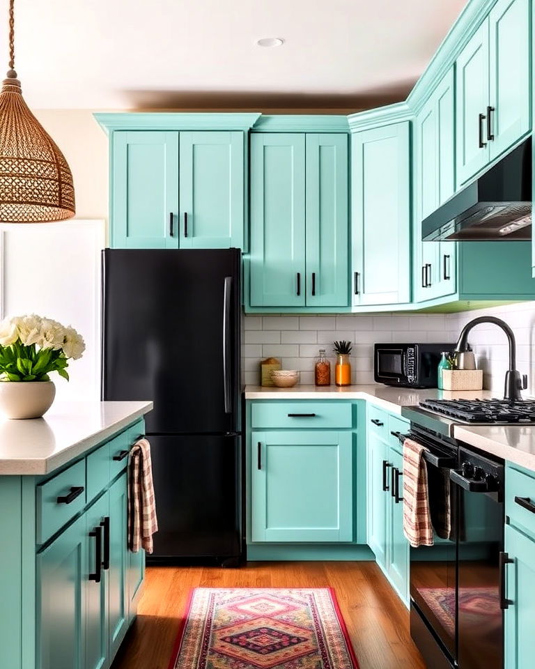 black appliances with light teal cabinets to add playful pop - 20 What Color Cabinets Go With Black Appliances