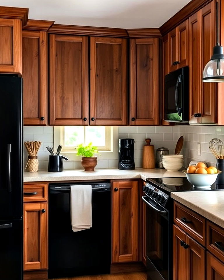 black appliances with warm wood cabinets - 20 What Color Cabinets Go With Black Appliances