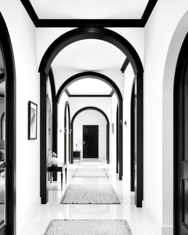 black archways with white walls for hallway - 20 Black and White Hallway Ideas
