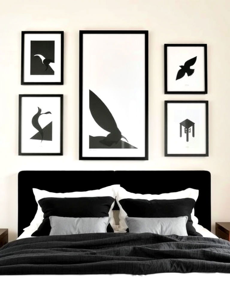 black artwork on cream bedroom walls - 35 Cream and Black Bedroom Ideas