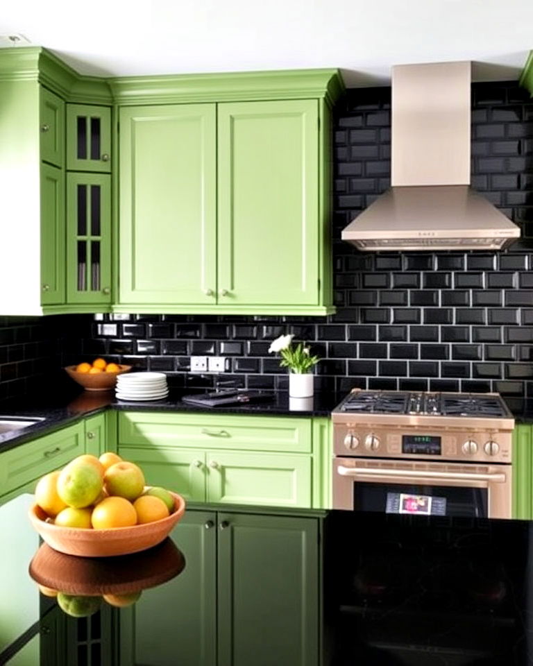 black backsplash to complement the countertops - 20 Green Kitchen Cabinets With Black Countertops