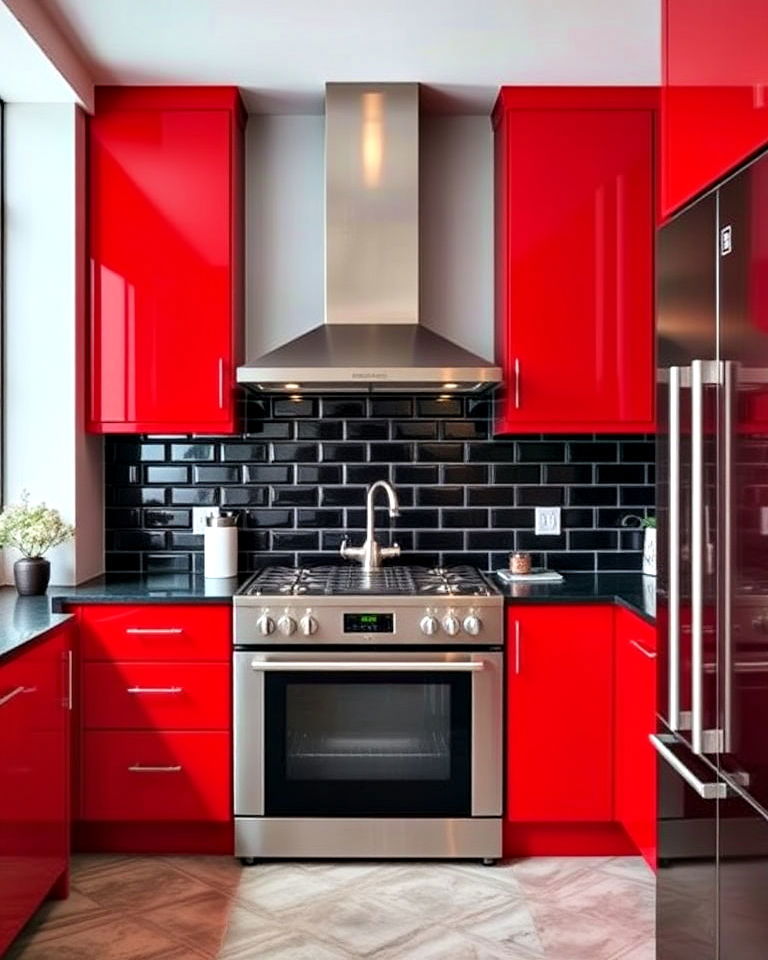 black backsplash with red cabinets - 25 Red and Black Kitchen Ideas