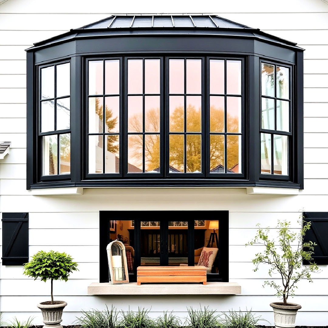 black bay windows for white farmhouse - 25 White Farmhouse With Black Windows Ideas