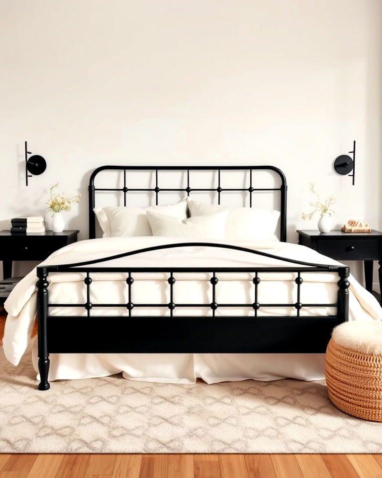 black bedframe and cream accessories - 35 Cream and Black Bedroom Ideas