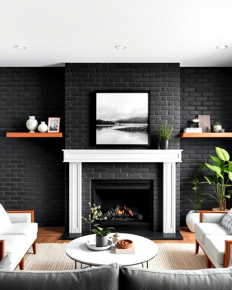 black brick fireplace adorned with floating shelves - 30 Black Brick Fireplace Ideas