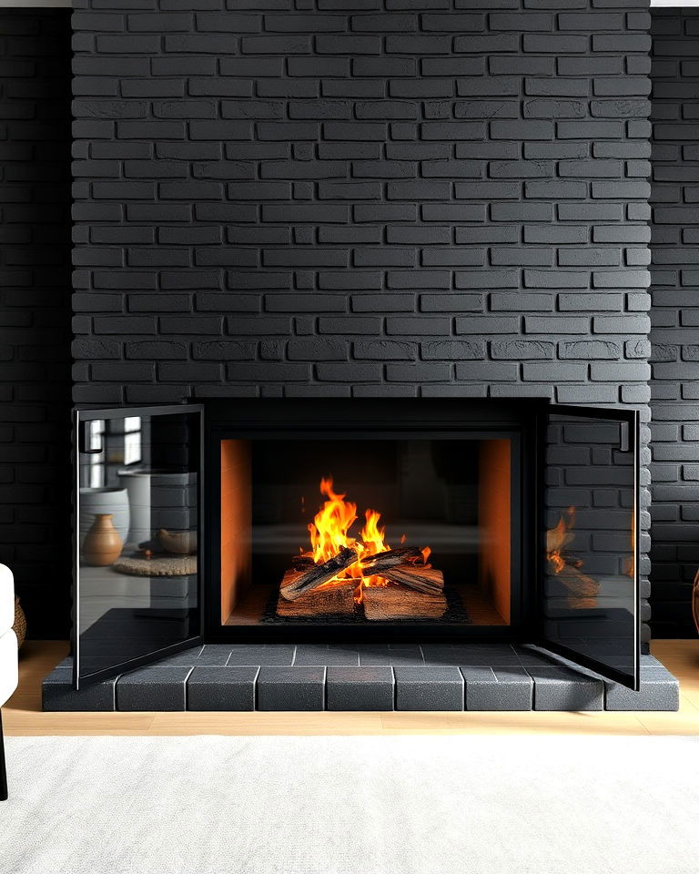 black brick fireplace enhanced with glass doors - 30 Black Brick Fireplace Ideas