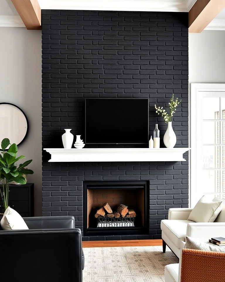 black brick fireplace featuring a white mantel - 30 Black Brick Fireplace Ideas