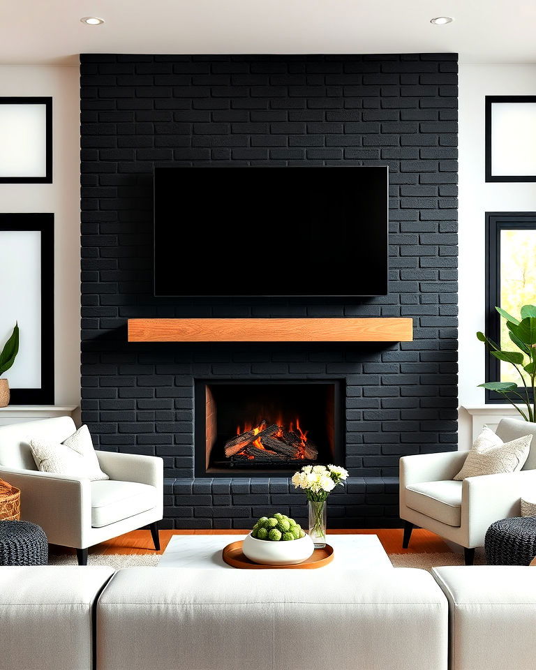 black brick fireplace integrated with a tv mount - 30 Black Brick Fireplace Ideas