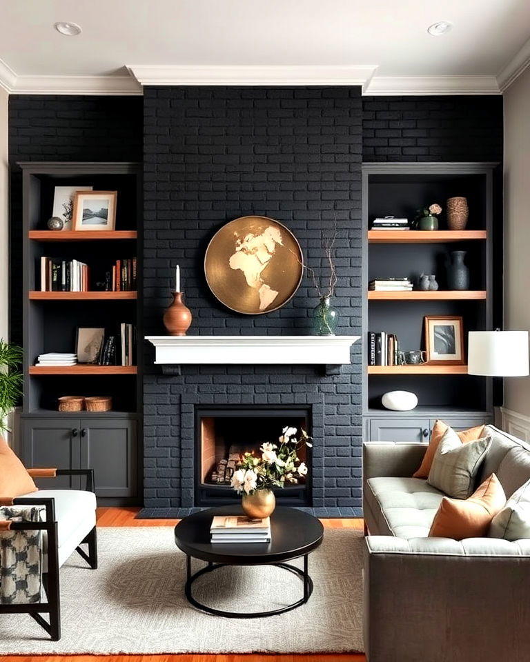 black brick fireplace integrated with shelving - 30 Black Brick Fireplace Ideas