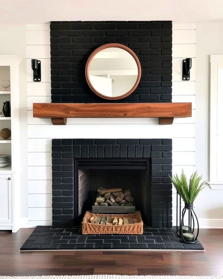 black brick fireplace surrounded by shiplap - 30 Black Brick Fireplace Ideas