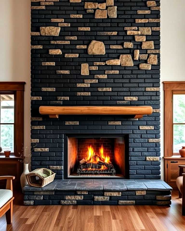 black brick fireplace with stone surround - 30 Black Brick Fireplace Ideas
