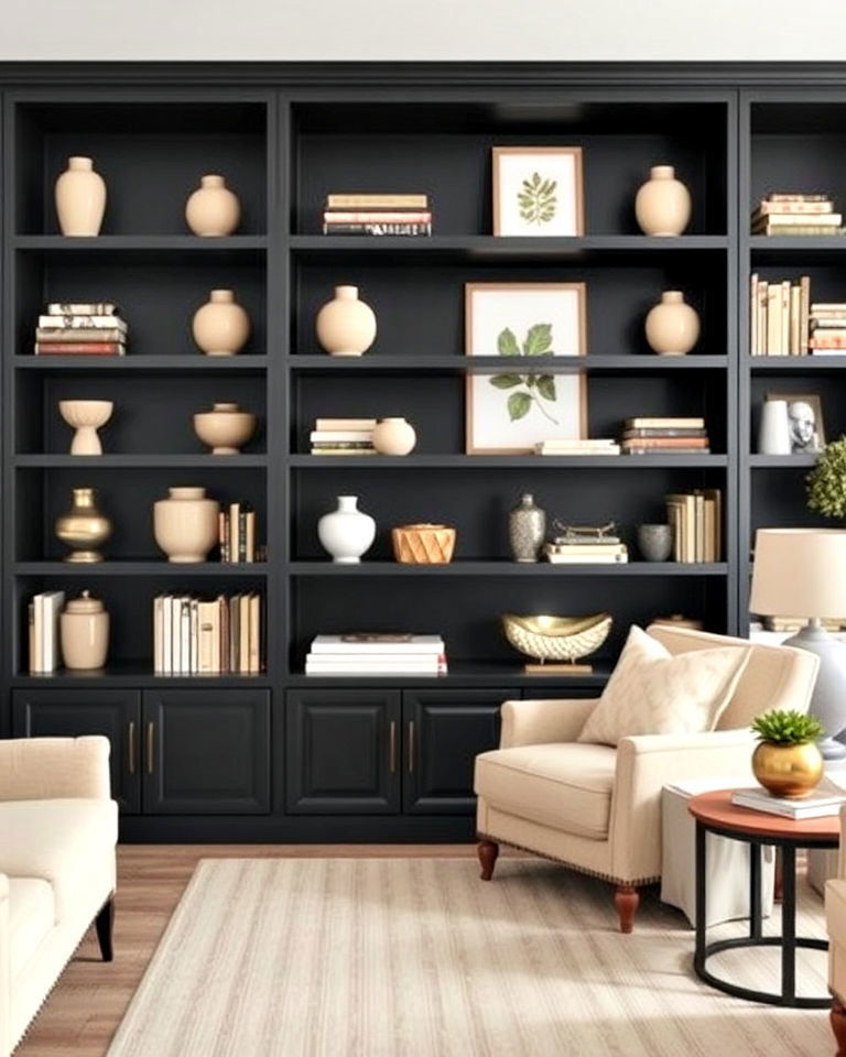 black built in shelves with beige decor - 30 Black and Beige Living Room Ideas