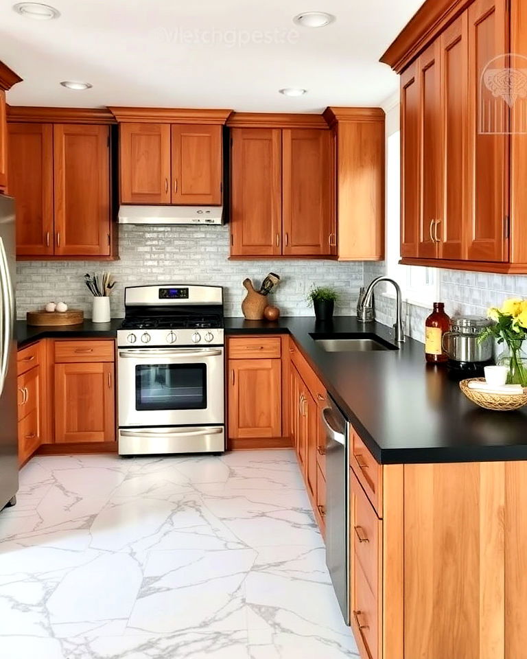 black butcher block with honey brown cabinets - 25 Brown Kitchen Cabinets With Black Countertops