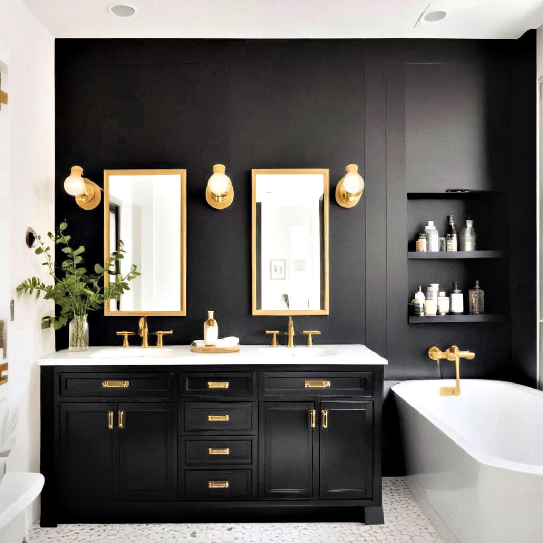 black cabinetry with gold details - 20 Black and Gold Bathroom Ideas