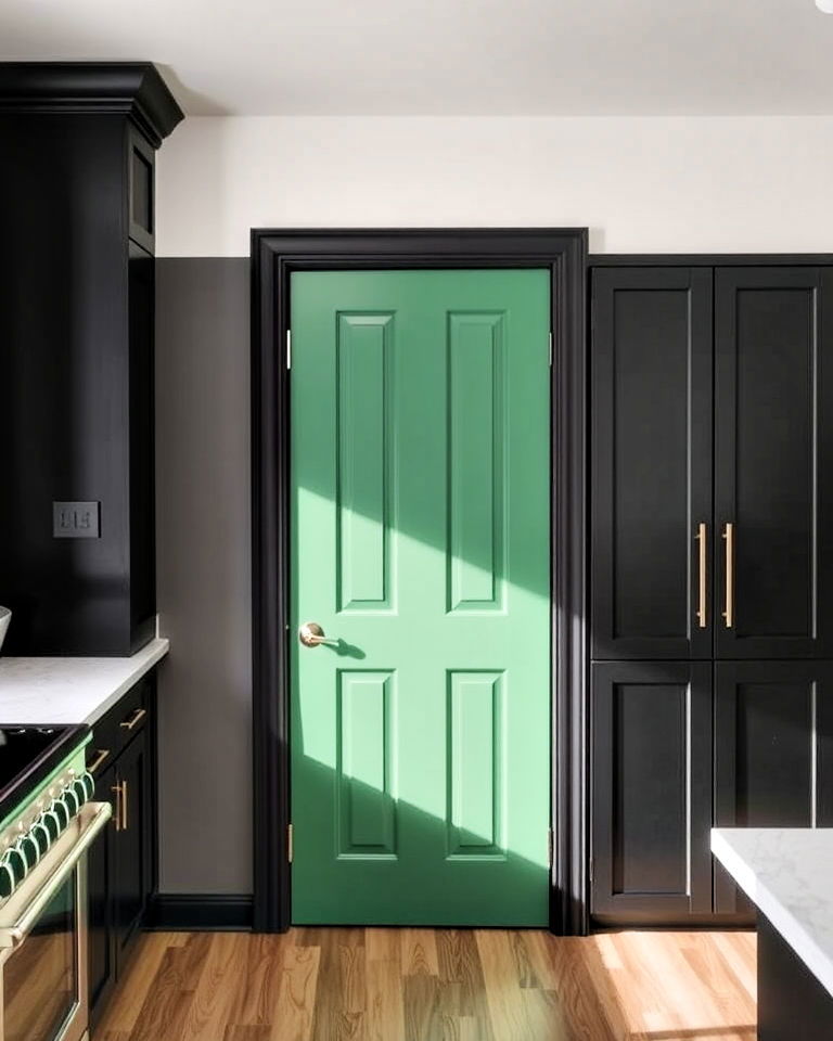 black cabinets and green pantry door - 30 Black and Green Kitchen Ideas