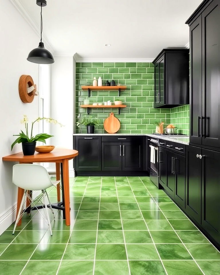 black cabinets and green tile flooring - 30 Black and Green Kitchen Ideas