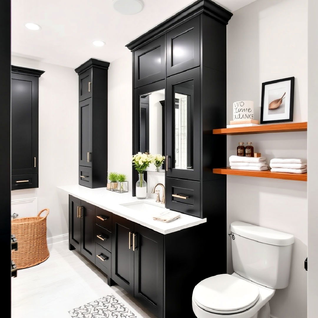 black cabinets and open shelving for bathroom - 25 Bathroom With Black Cabinets Ideas