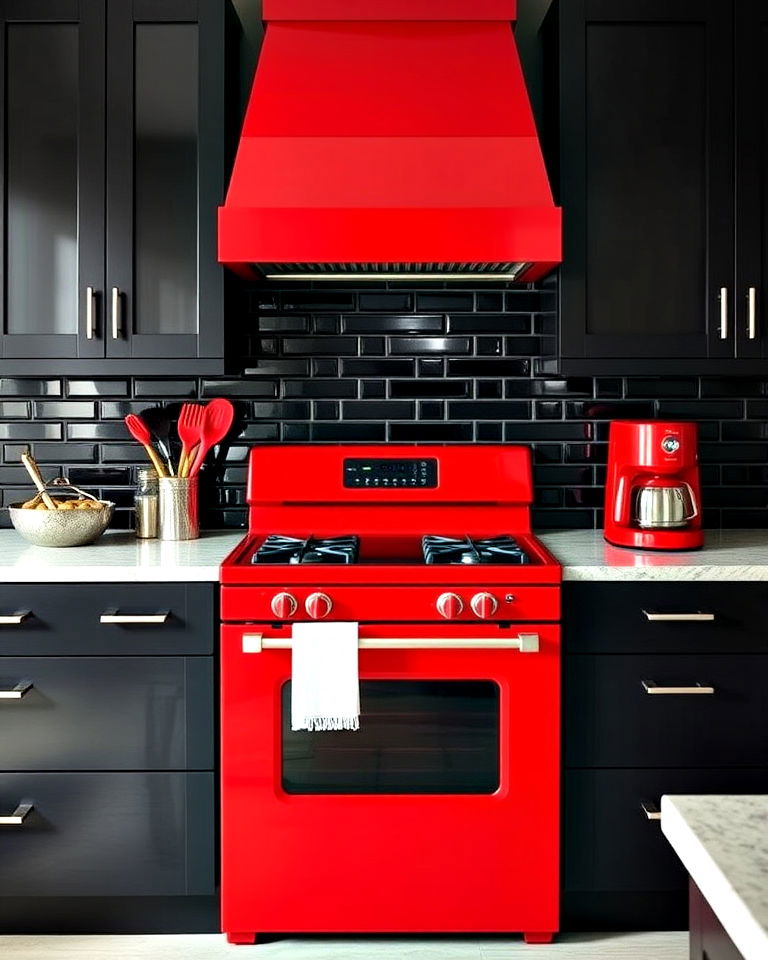 black cabinets and red kitchen appliances - 25 Red and Black Kitchen Ideas