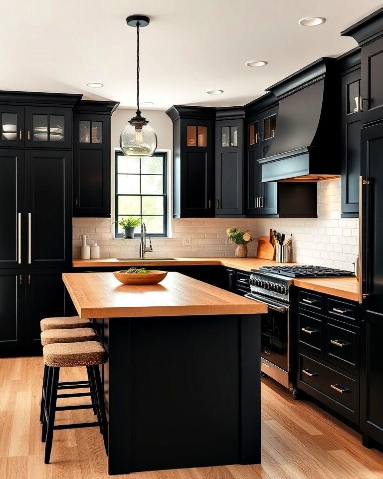 black cabinets and rustic hickory countertops - 25 Kitchen With Black Cabinets And Wood Countertops Ideas