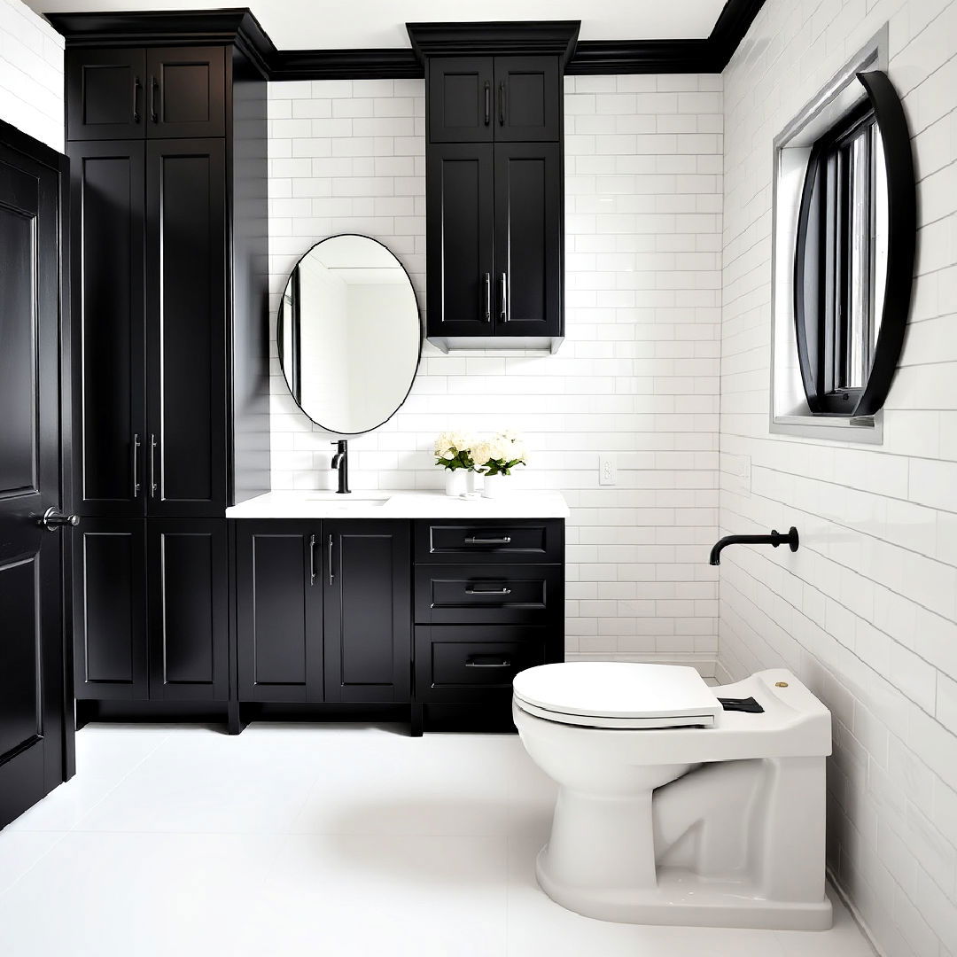 black cabinets and white subway tiles - 25 Bathroom With Black Cabinets Ideas