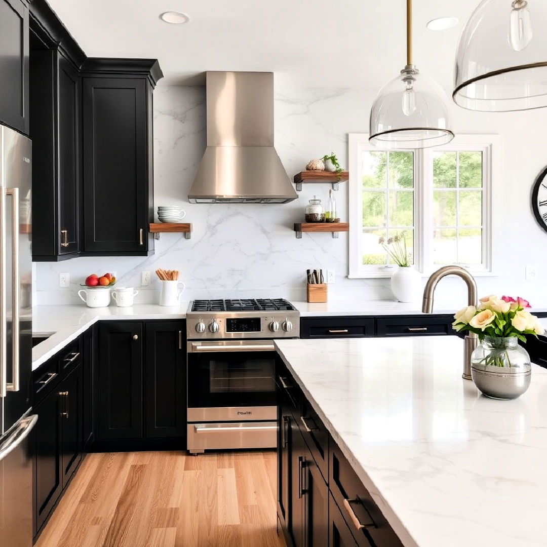 black cabinets with cost effective white laminate countertops - 15 Black Kitchen Cabinets With White Countertops